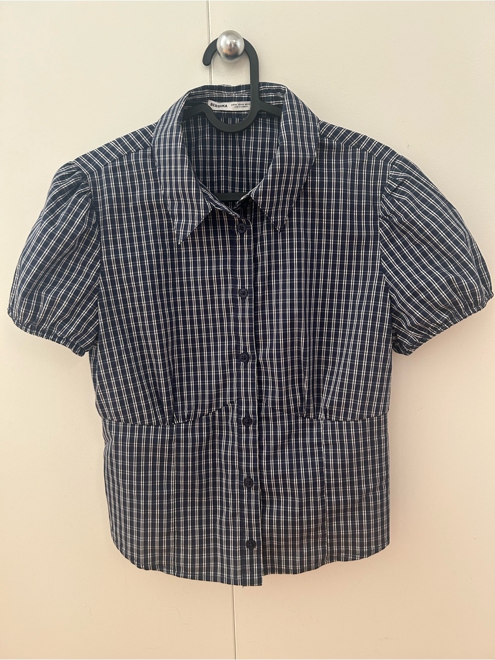 Bershka Navy Plaid Button-Front Shirt